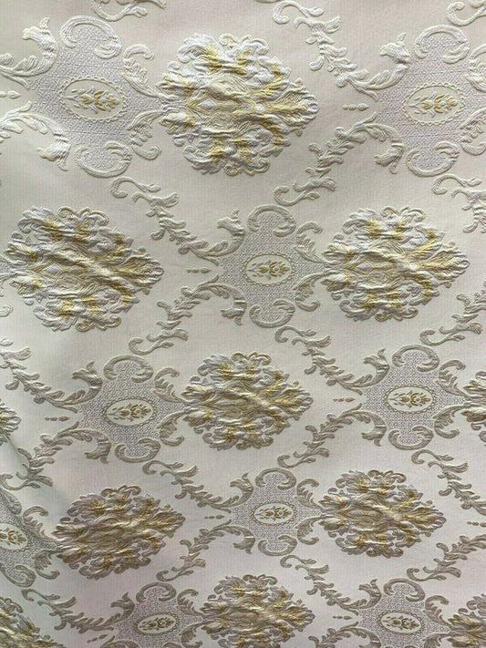 IVORY GOLD Damask Brocade Upholstery Drapery Fabric (54 in.) Sold By The Yard