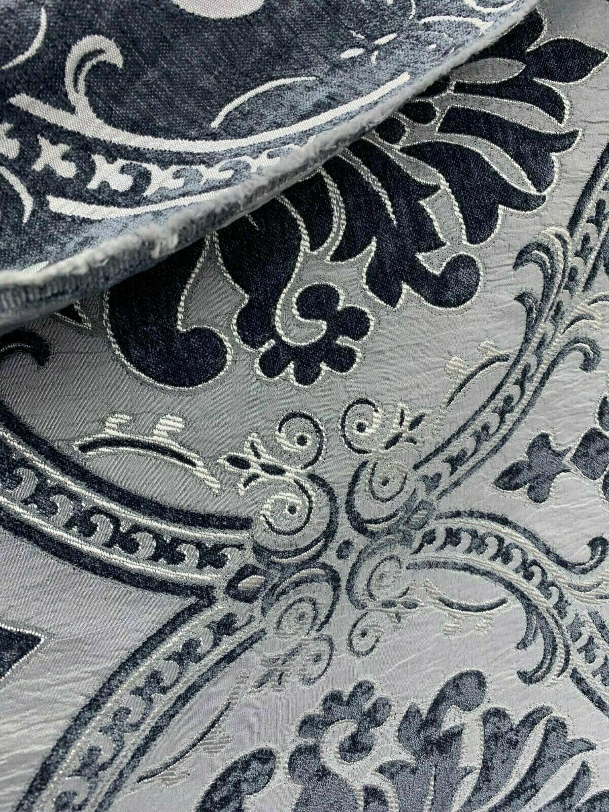 SLATE GRAY Damask Chenille Upholstery Brocade Fabric (54 in.) Sold By The Yard