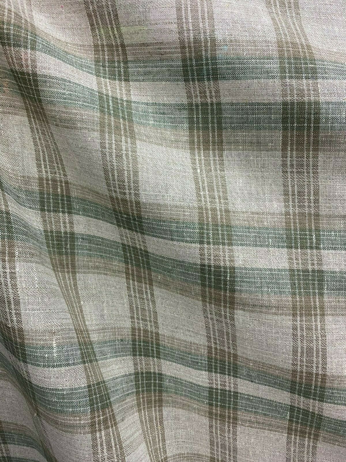 Natural Sage Green Plaid 100% Linen Fabric (60 in.) Sold By The Yard