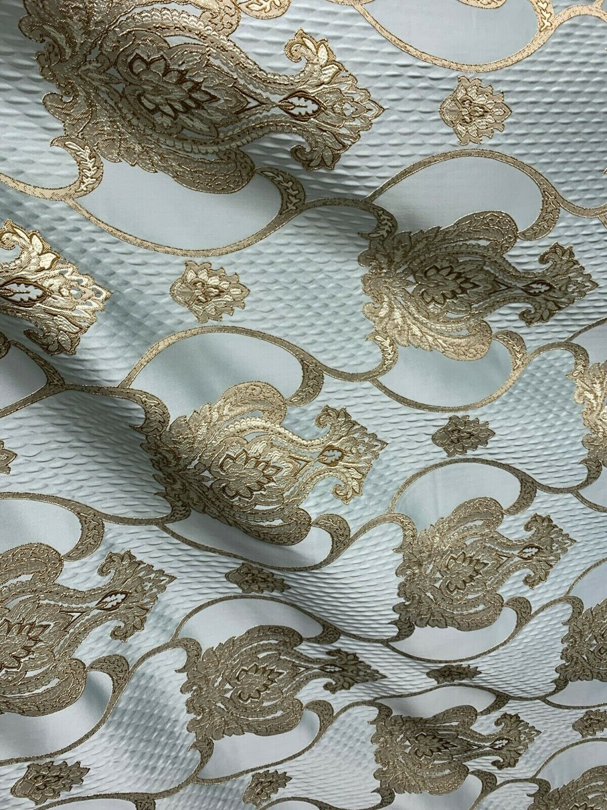 Grey Blue Dark Gold Damask Brocade Upholstery Drapery Fabric (54 in.) Sold BTY