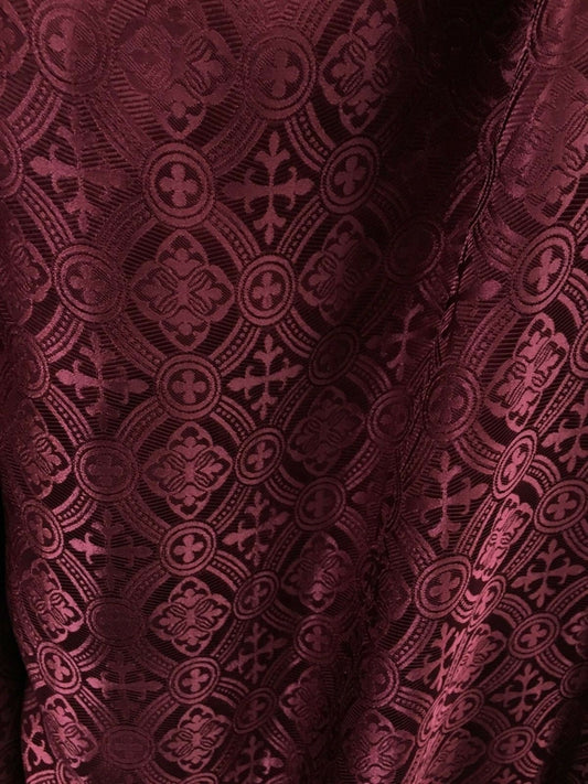 BURGUNDY Liturgical Cross Brocade Fabric (60 in.) Sold By The Yard