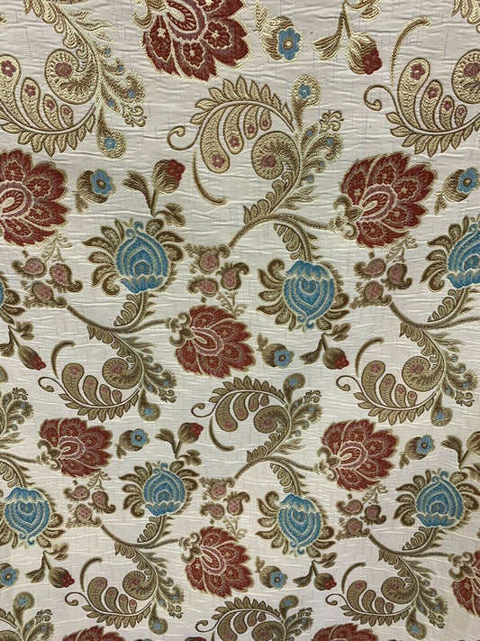 Beige Gold Red Blue Floral Chenille Upholstery Brocade Fabric (56 in.) Sold By The Yard