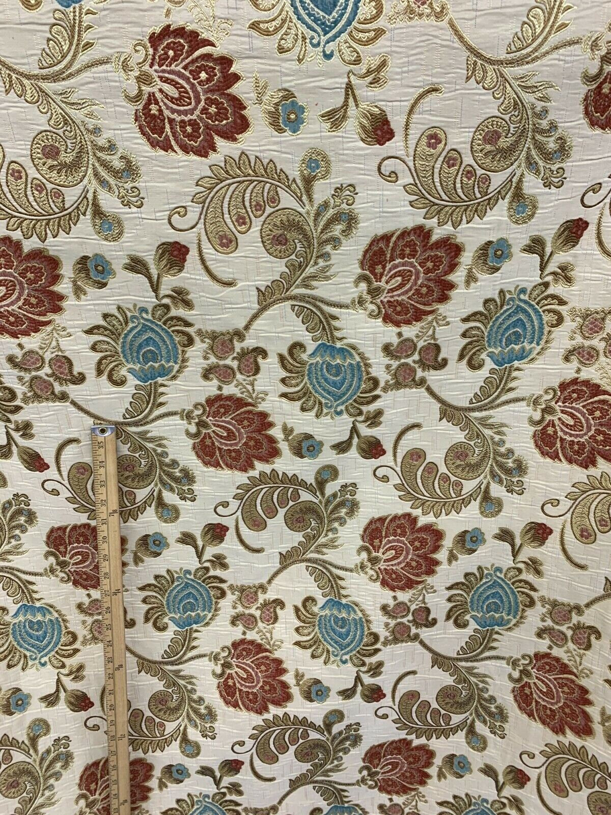 Beige Gold Red Blue Floral Chenille Upholstery Brocade Fabric (56 in.) Sold By The Yard