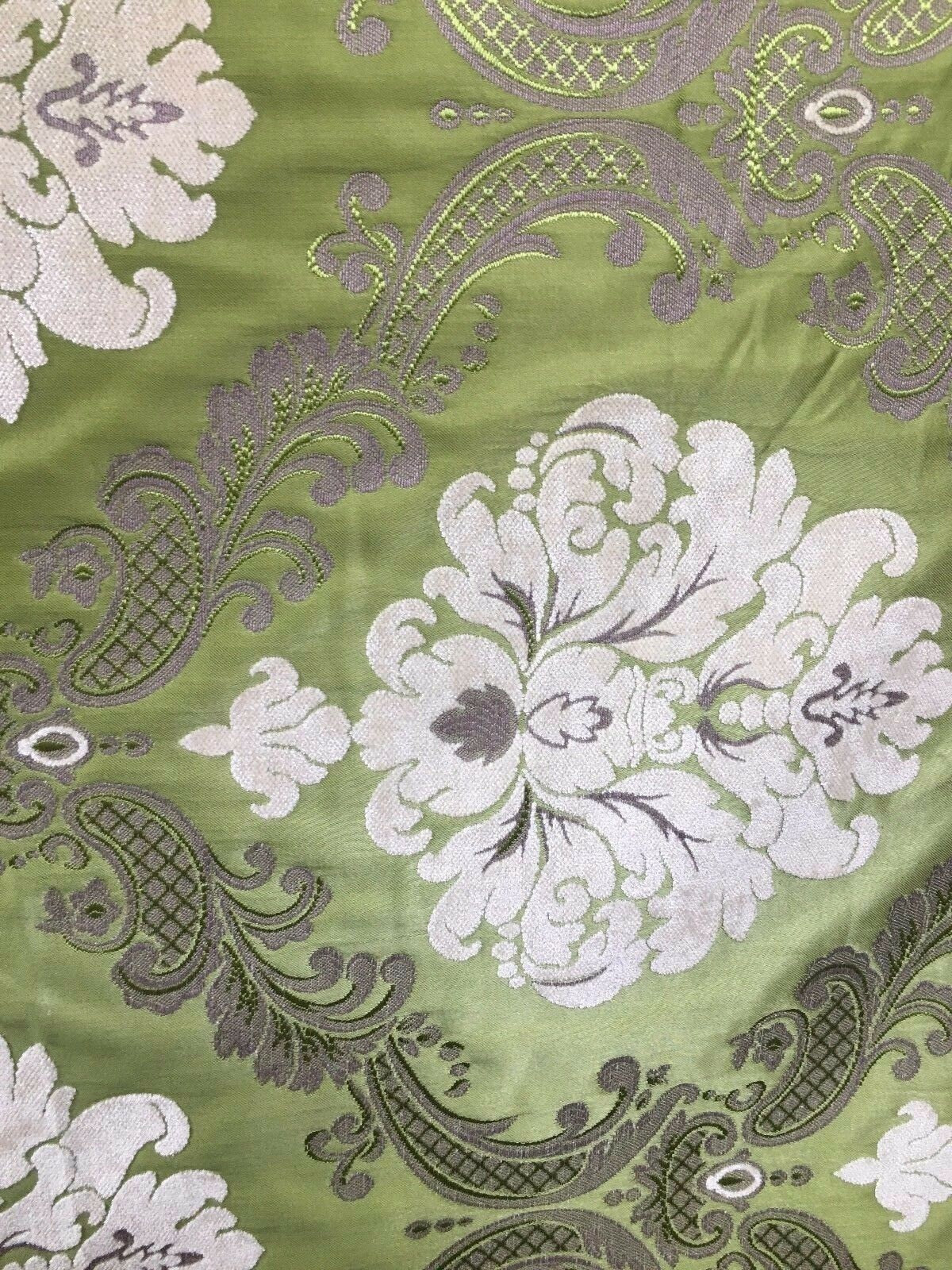 APPLE GREEN IVORY Damask Chenille Upholstery Brocade Fabric (54 in.) Sold By The Yard