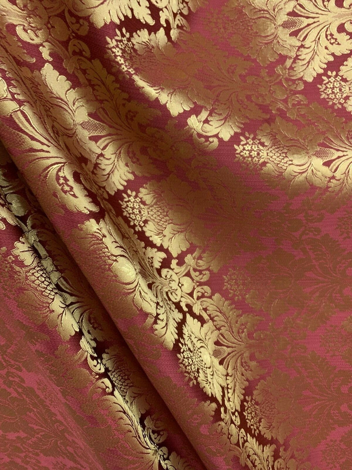 BURGUNDY GOLD Damask Jacquard Brocade Flower Floral Fabric (110 in.) Sold By The Yard