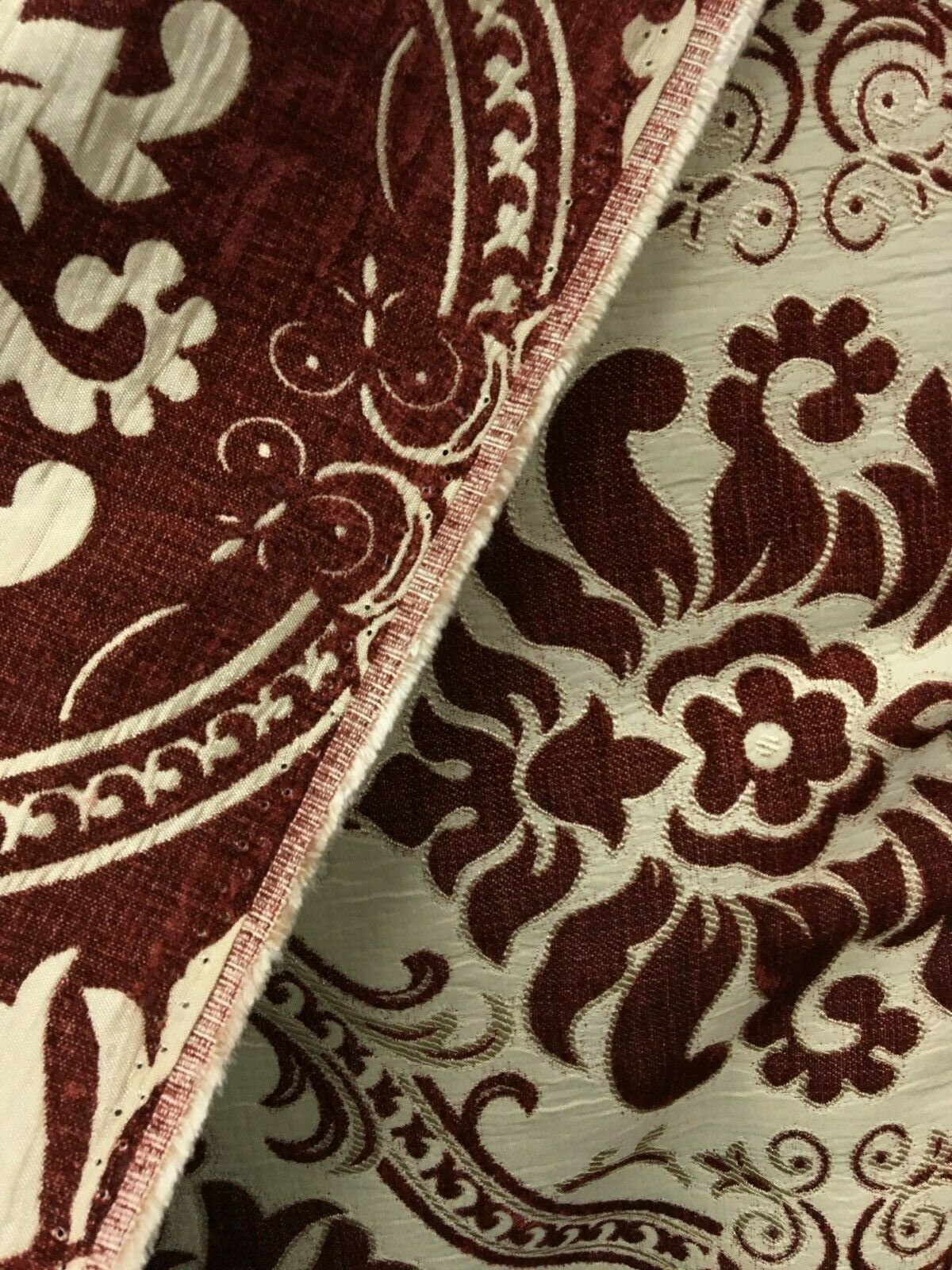 BURGUNDY BEIGE Damask Chenille Upholstery Brocade Fabric (54 in.) Sold By The Yard