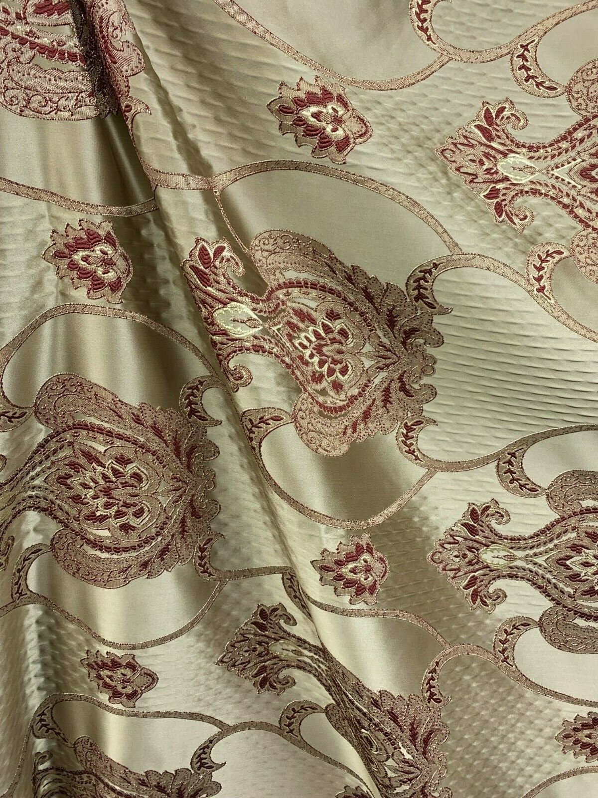 TAUPE BURGUNDY Damask Brocade Upholstery Drapery Fabric (54 in.) Sold By The Yard