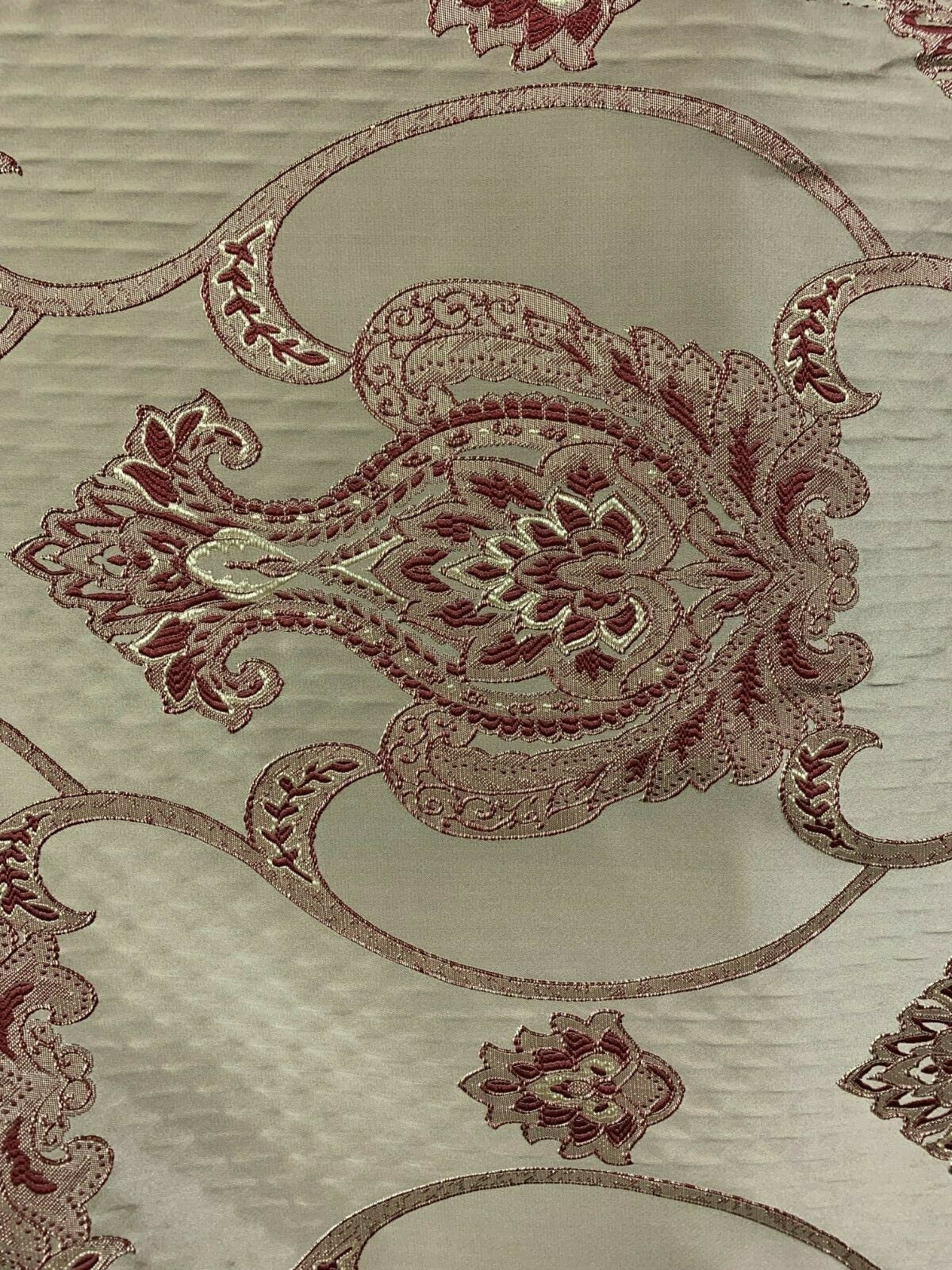 TAUPE BURGUNDY Damask Brocade Upholstery Drapery Fabric (54 in.) Sold By The Yard