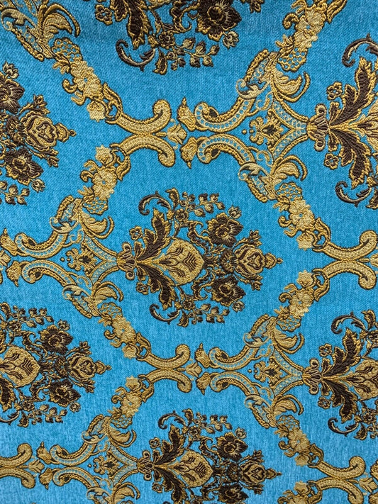 TURQUOISE BLUE GOLD Damask Chenille Upholstery Brocade Fabric (54 in.) Sold By The Yard