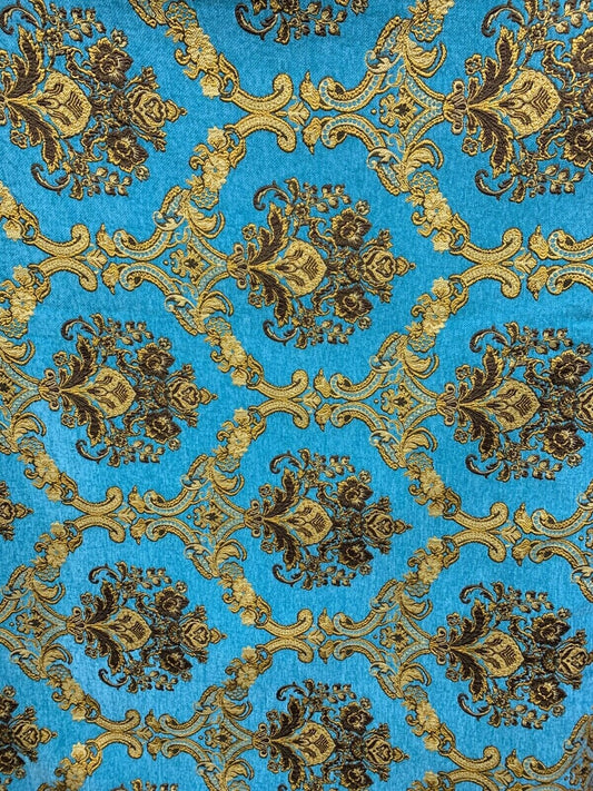 TURQUOISE BLUE GOLD Damask Chenille Upholstery Brocade Fabric (54 in.) Sold By The Yard