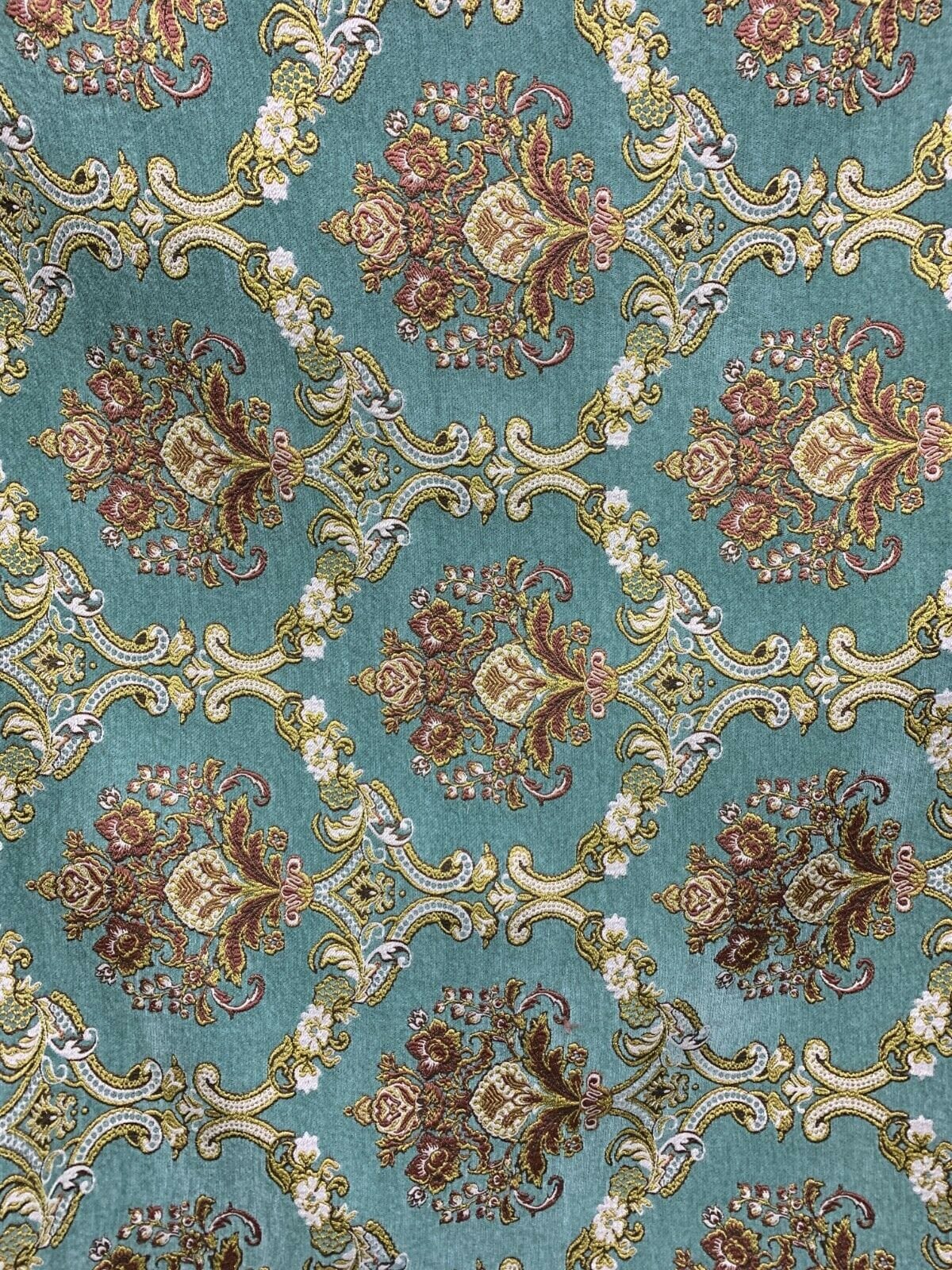 LIGHT TEAL GOLD Damask Chenille Upholstery Brocade Fabric (54 in.) Sold By The Yard