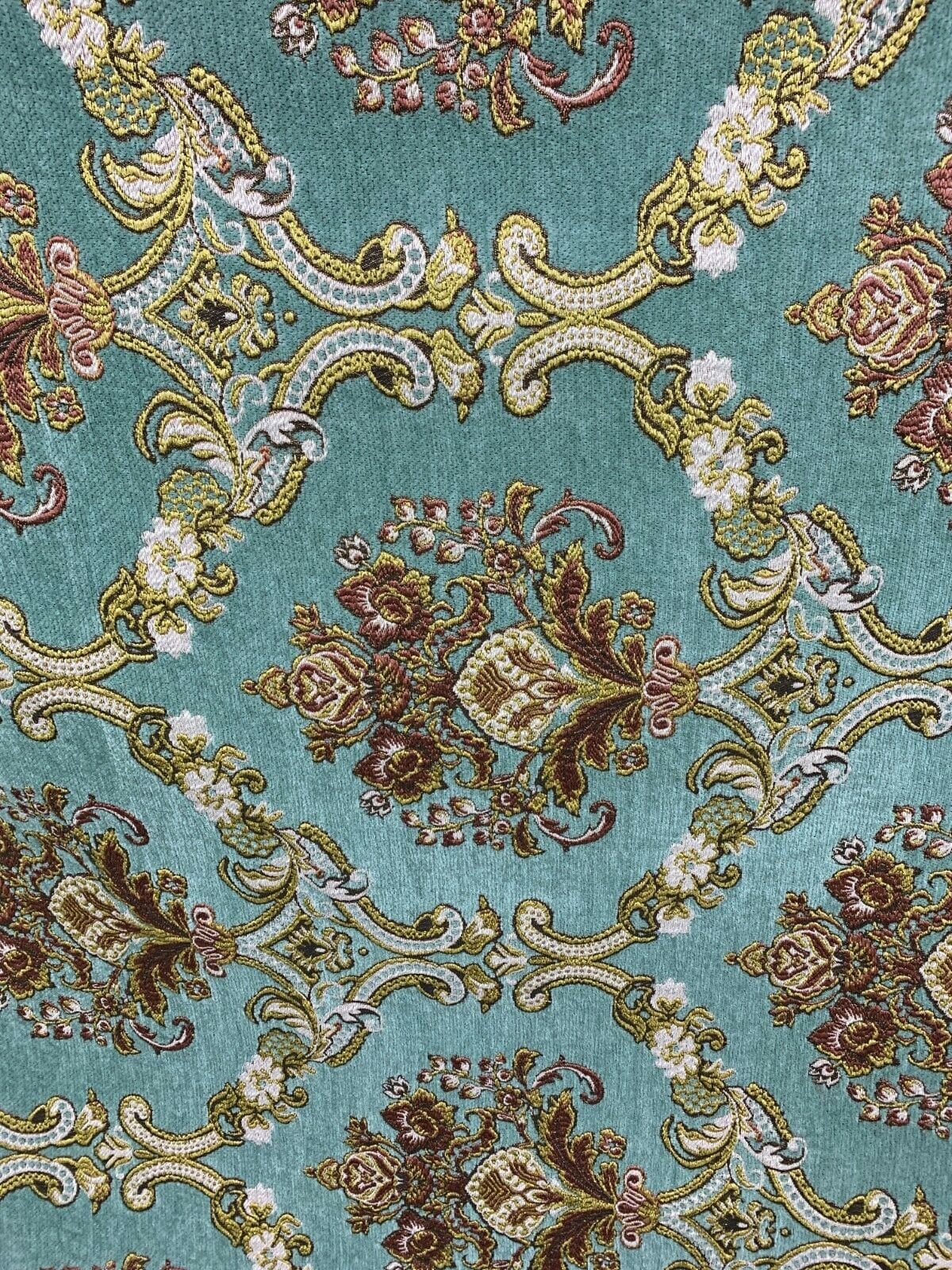 LIGHT TEAL GOLD Damask Chenille Upholstery Brocade Fabric (54 in.) Sold By The Yard