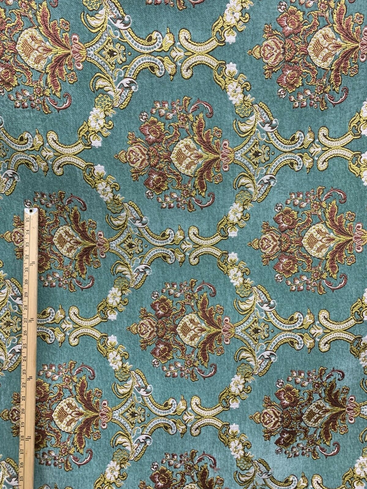 LIGHT TEAL GOLD Damask Chenille Upholstery Brocade Fabric (54 in.) Sold By The Yard