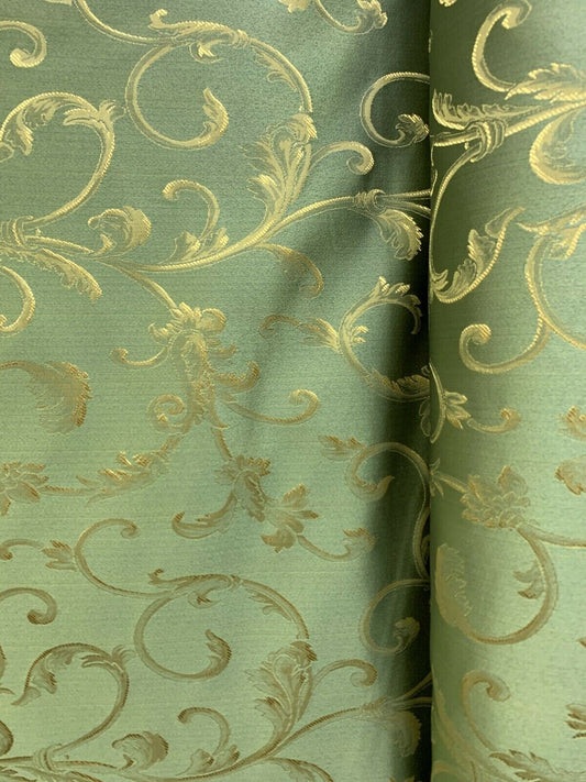 GREEN GOLD Brocade Flower Floral Upholstery Drapery Fabric (110 in.) Sold By The Yard