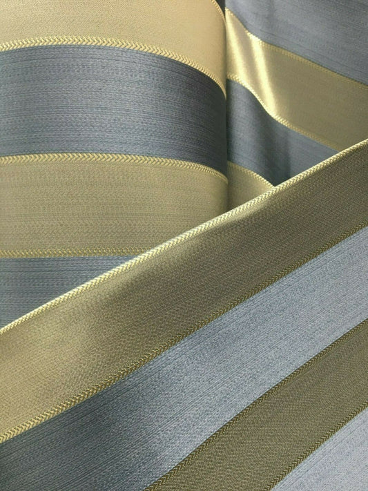 SLATE BLUE GOLD Striped Brocade Upholstery Drapery Fabric (110 in.) Sold By The Yard