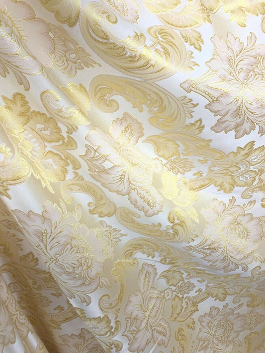 IVORY GOLD Damask Brocade Upholstery Drapery Fabric (110 in.) Sold By The Yard