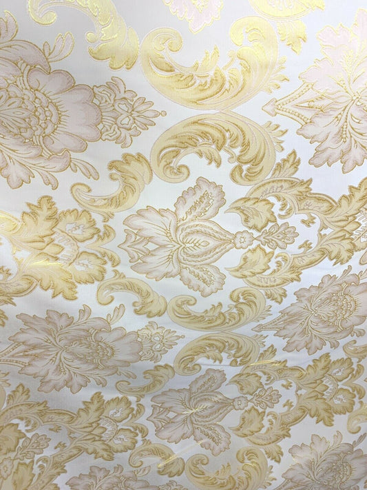 IVORY GOLD Damask Brocade Upholstery Drapery Fabric (110 in.) Sold By The Yard