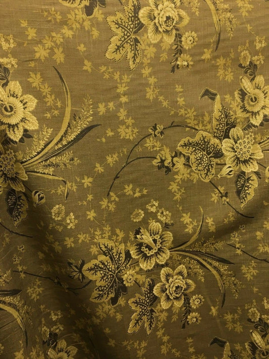 DARK GOLD BROWN Floral Printed Cotton Linen Fabric (54 in.) Sold By The Yard