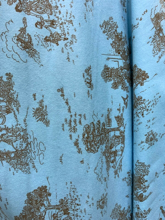 LIGHT BLUE BROWN French Toile Print Cotton Flannel Fabric (45 in.) Sold By The Yard