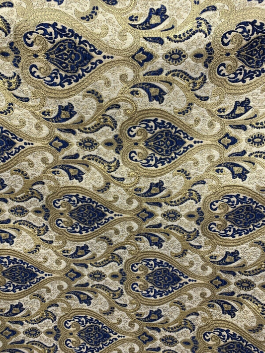 BLUE GOLD Damask Chenille Upholstery Brocade Fabric (56 in.) Sold By The Yard