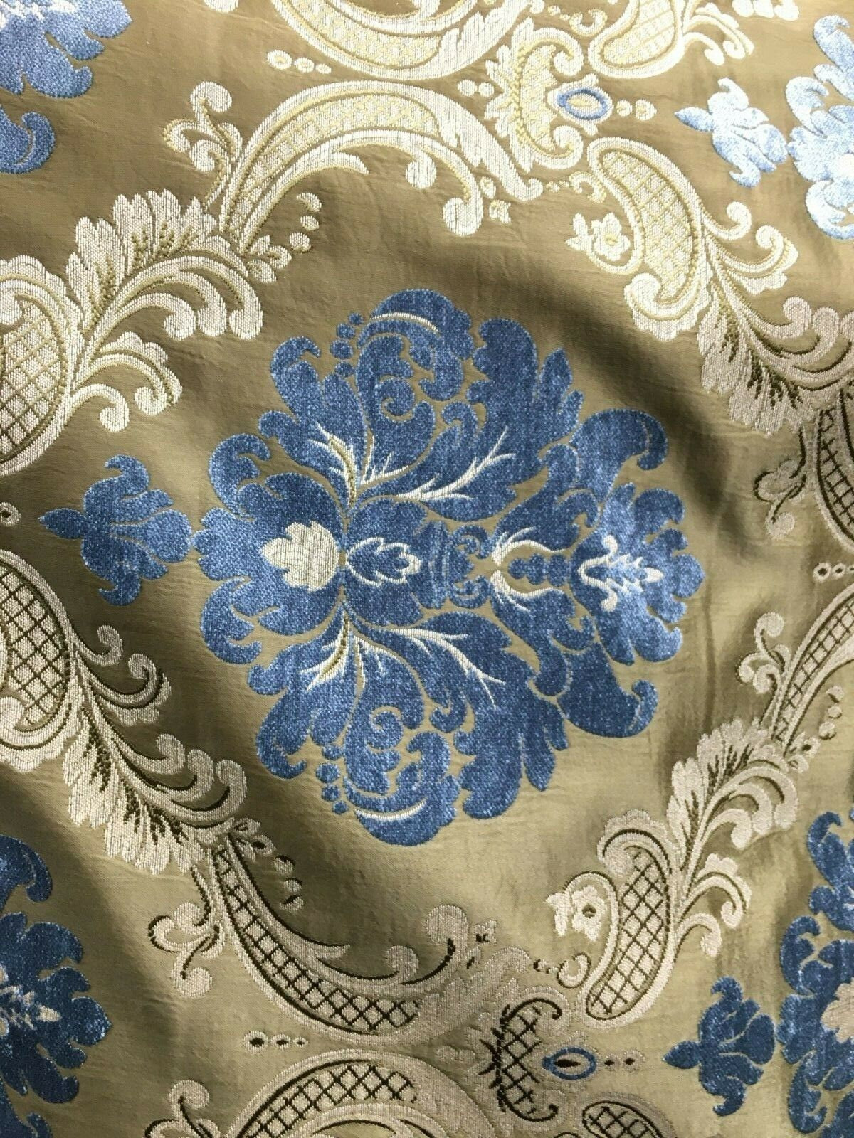 Blue Dark Gold Damask Chenille Upholstery Brocade Fabric (54 in.) Sold By The Yard
