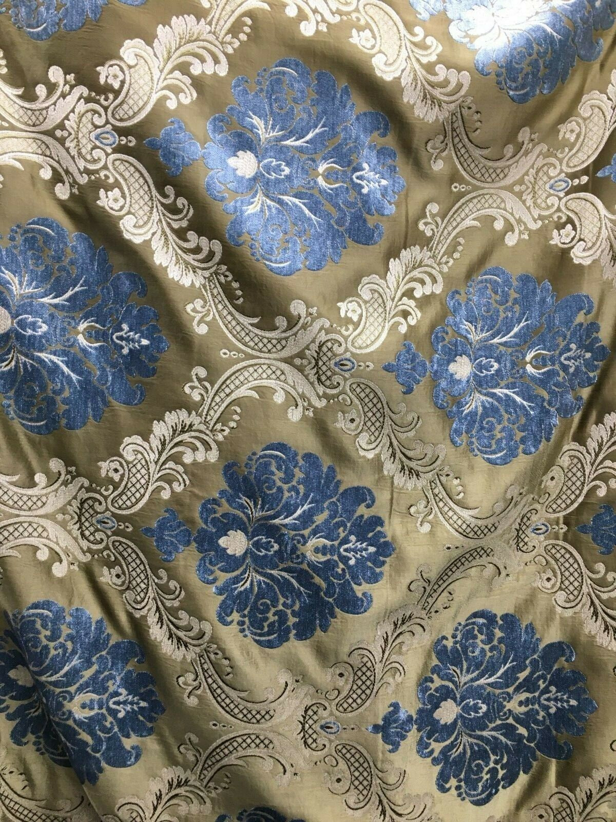 Blue Dark Gold Damask Chenille Upholstery Brocade Fabric (54 in.) Sold By The Yard