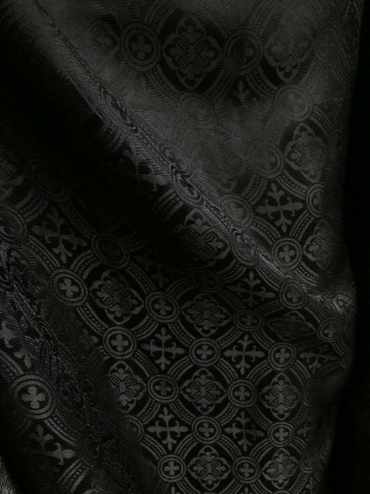 BLACK Liturgical Cross Brocade Fabric (60 in.) Sold By The Yard