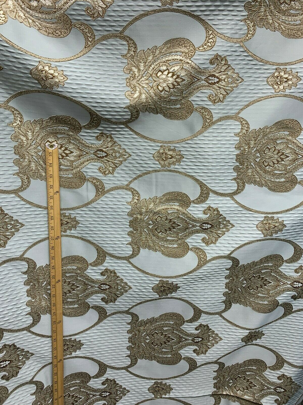 Grey Blue Dark Gold Damask Brocade Upholstery Drapery Fabric (54 in.) Sold BTY