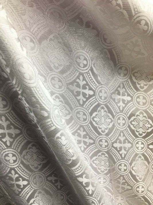 WHITE Liturgical Cross Brocade Fabric (60 in.) Sold By The Yard