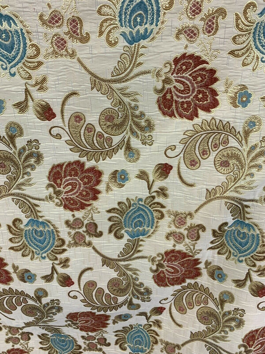 Beige Gold Red Blue Floral Chenille Upholstery Brocade Fabric (56 in.) Sold By The Yard