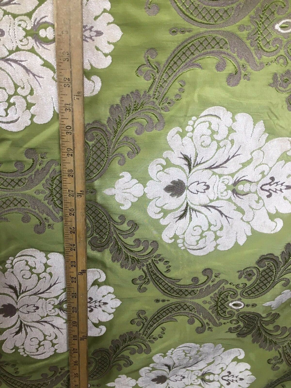 APPLE GREEN IVORY Damask Chenille Upholstery Brocade Fabric (54 in.) Sold By The Yard