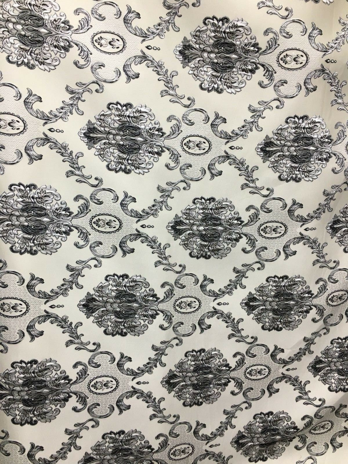 Beige Gray Black White Damask Brocade Upholstery Drapery Fabric (54 in.) Sold By The Yard