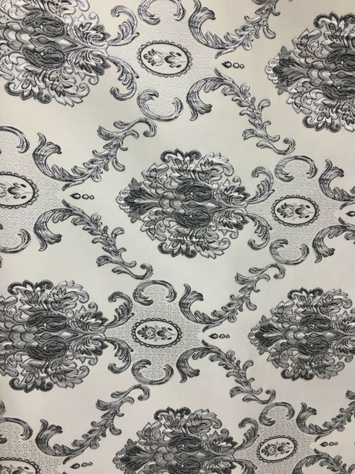 Beige Gray Black White Damask Brocade Upholstery Drapery Fabric (54 in.) Sold By The Yard