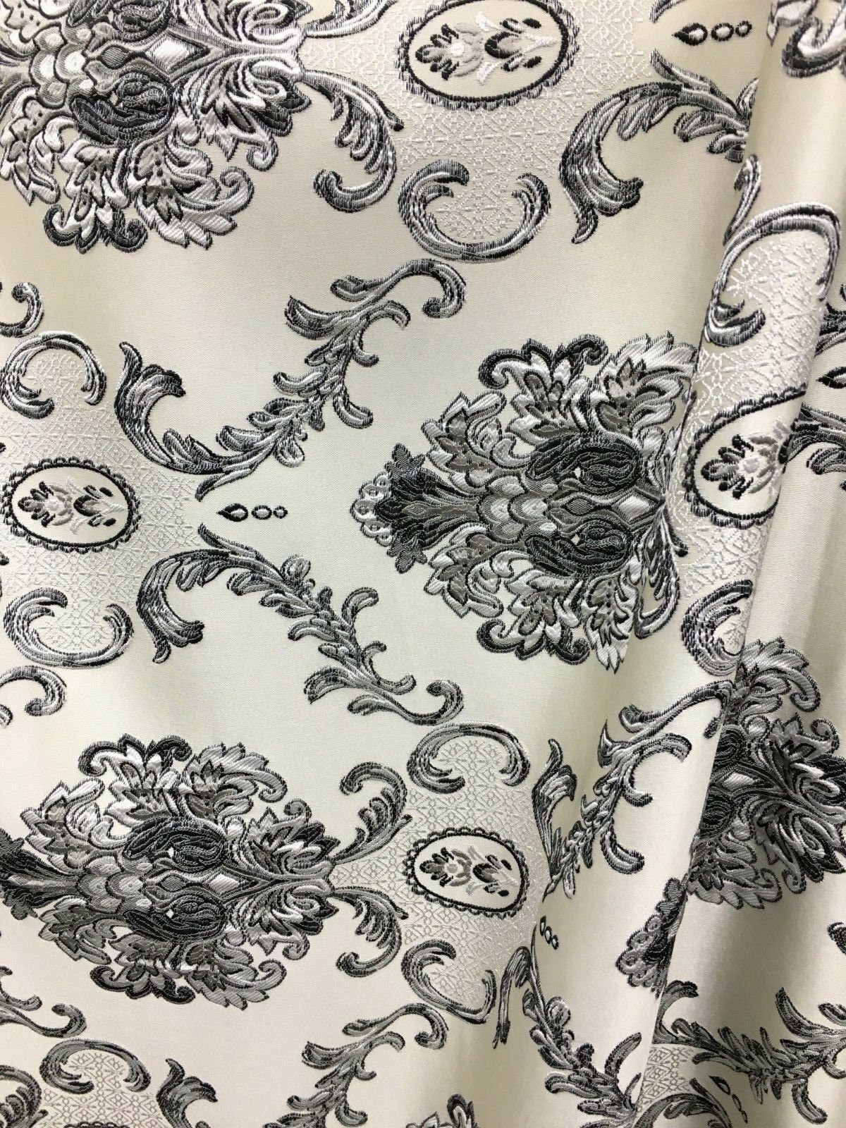 Beige Gray Black White Damask Brocade Upholstery Drapery Fabric (54 in.) Sold By The Yard