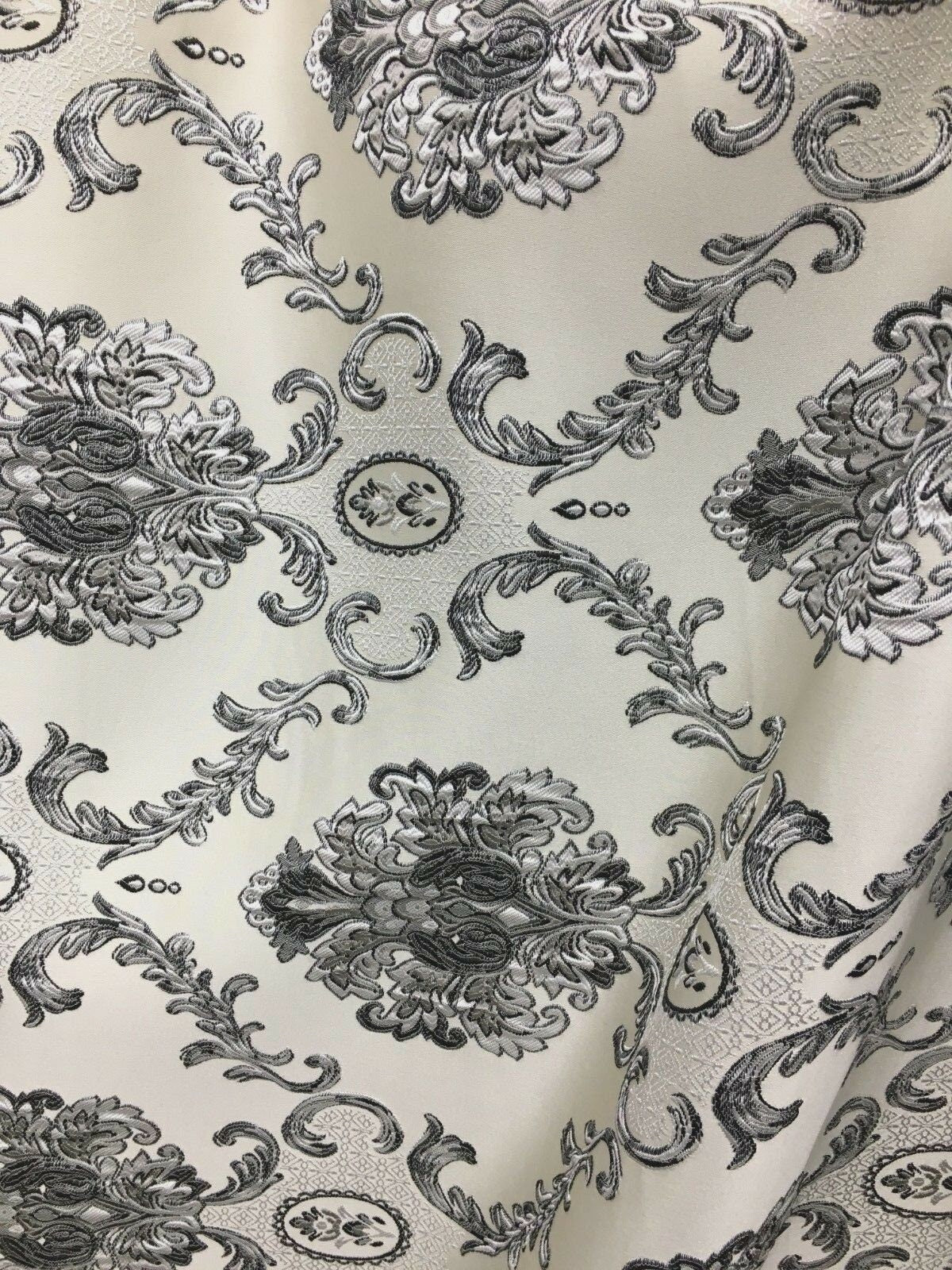 Beige Gray Black White Damask Brocade Upholstery Drapery Fabric (54 in.) Sold By The Yard