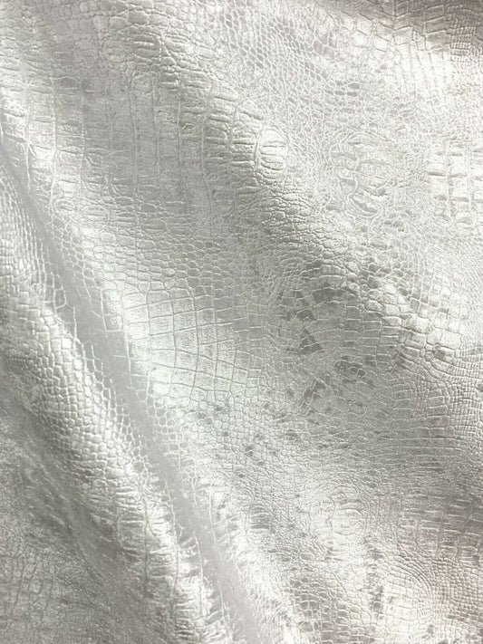 WHITE Alligator Crocodile Embossed Chenille Velvet Fabric (56 in.) Sold By The Yard