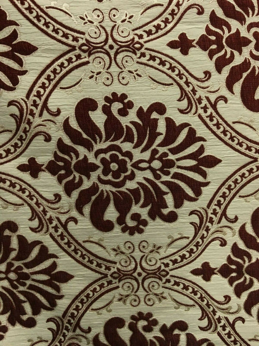 BURGUNDY BEIGE Damask Chenille Upholstery Brocade Fabric (54 in.) Sold By The Yard