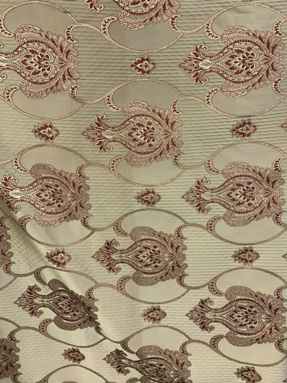 TAUPE BURGUNDY Damask Brocade Upholstery Drapery Fabric (54 in.) Sold By The Yard