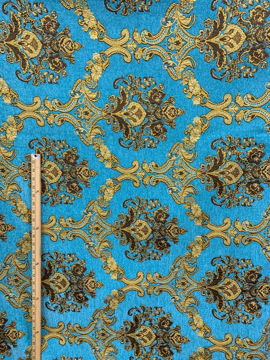 TURQUOISE BLUE GOLD Damask Chenille Upholstery Brocade Fabric (54 in.) Sold By The Yard