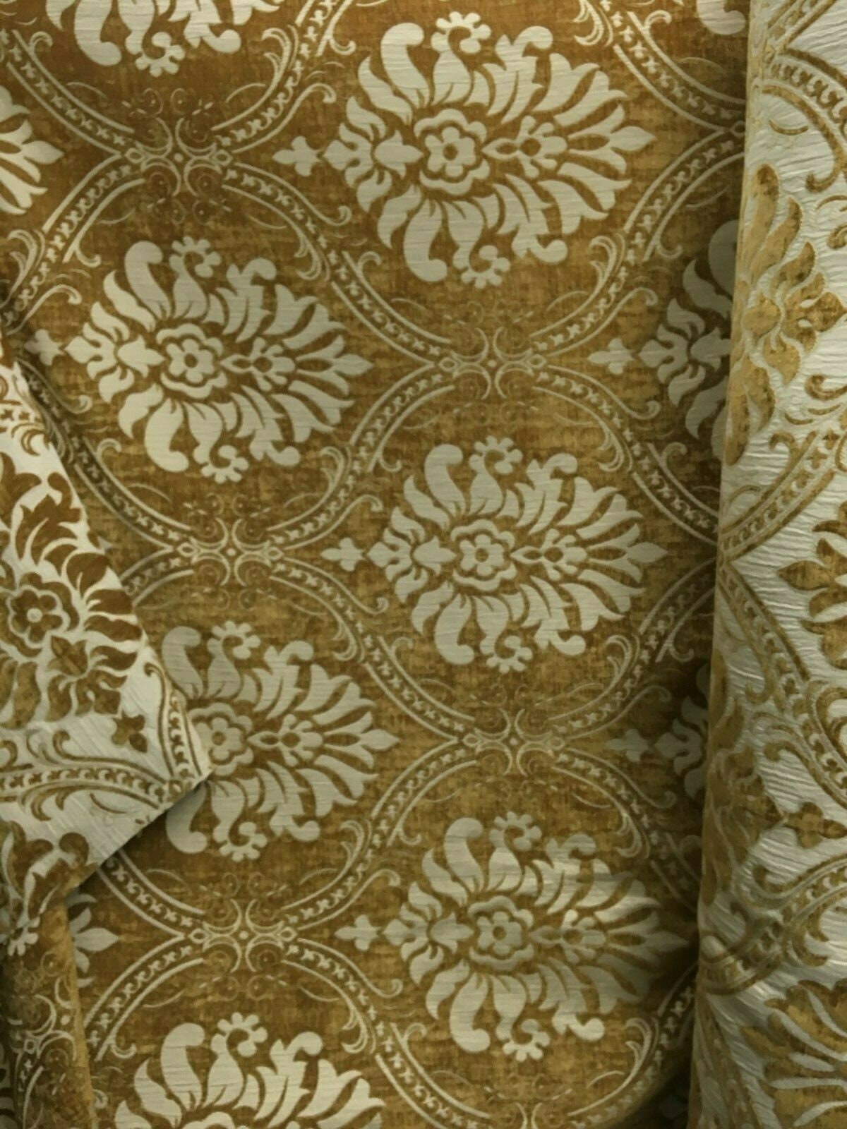 GOLD BEIGE Damask Chenille Upholstery Brocade Fabric (54 in.) Sold By The Yard