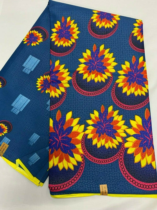 TEAL BLUE YELLOW Floral African Print Fabric Poly Cotton (45 in.) 6 Yards