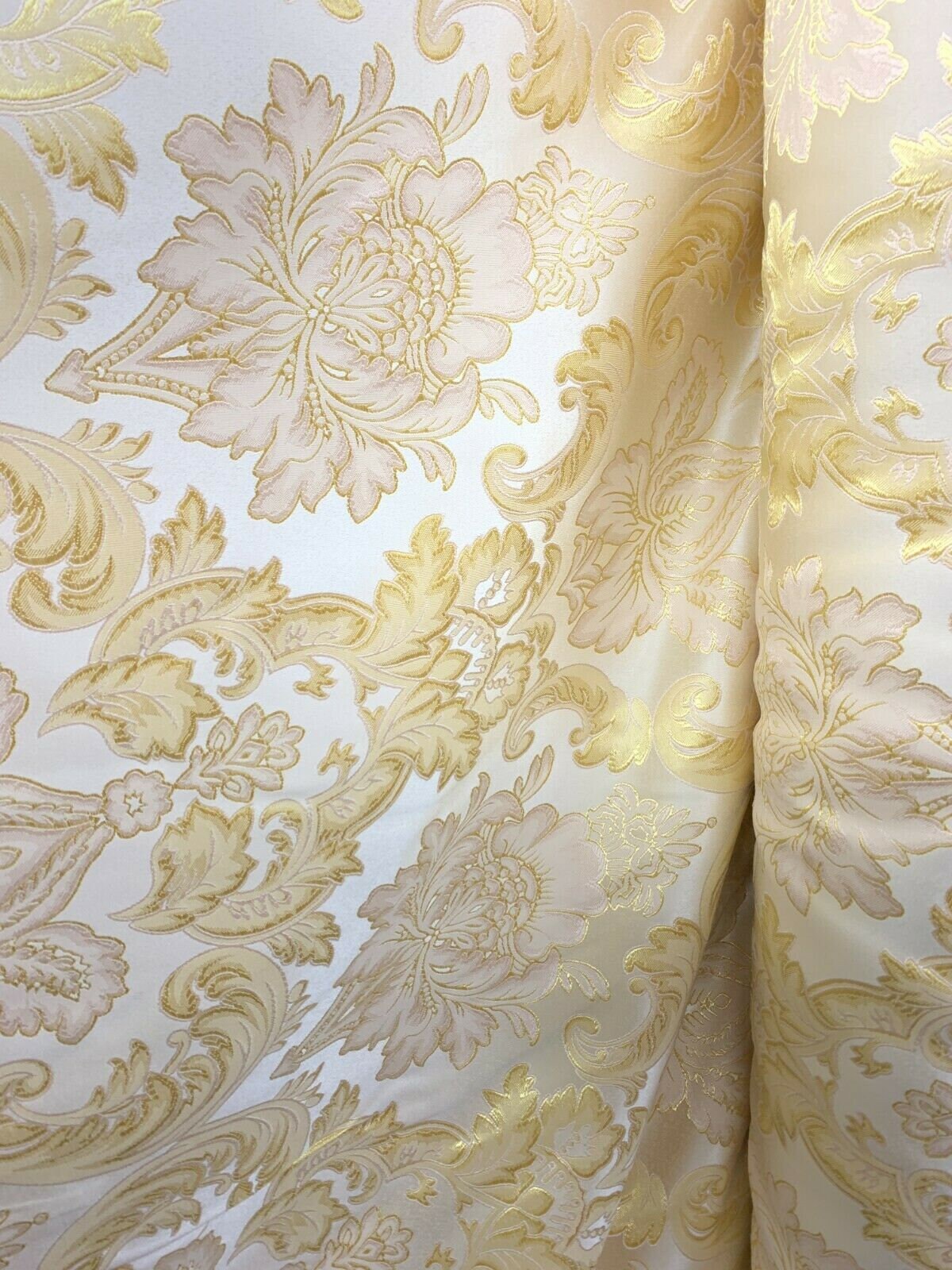 IVORY GOLD Damask Brocade Upholstery Drapery Fabric (110 in.) Sold By The Yard