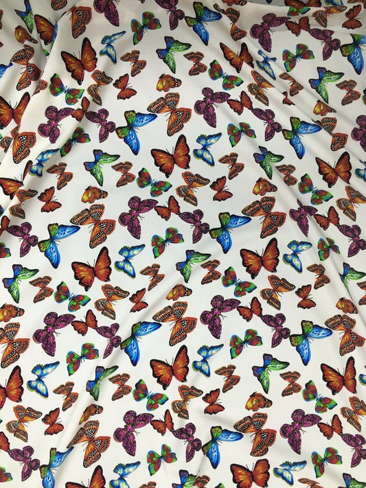 WHITE Multicolor Butterfly Printed Polyester Fabric (45 in.) Sold By The Yard