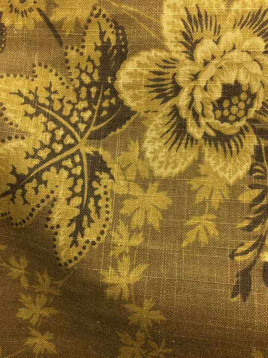 DARK GOLD BROWN Floral Printed Cotton Linen Fabric (54 in.) Sold By The Yard