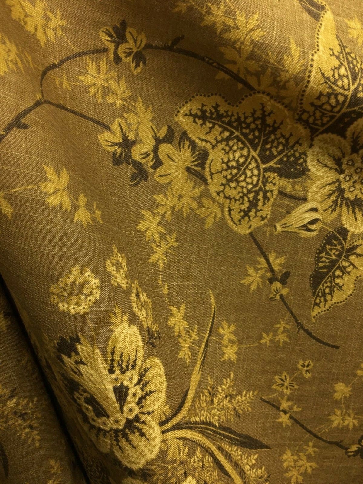 DARK GOLD BROWN Floral Printed Cotton Linen Fabric (54 in.) Sold By The Yard