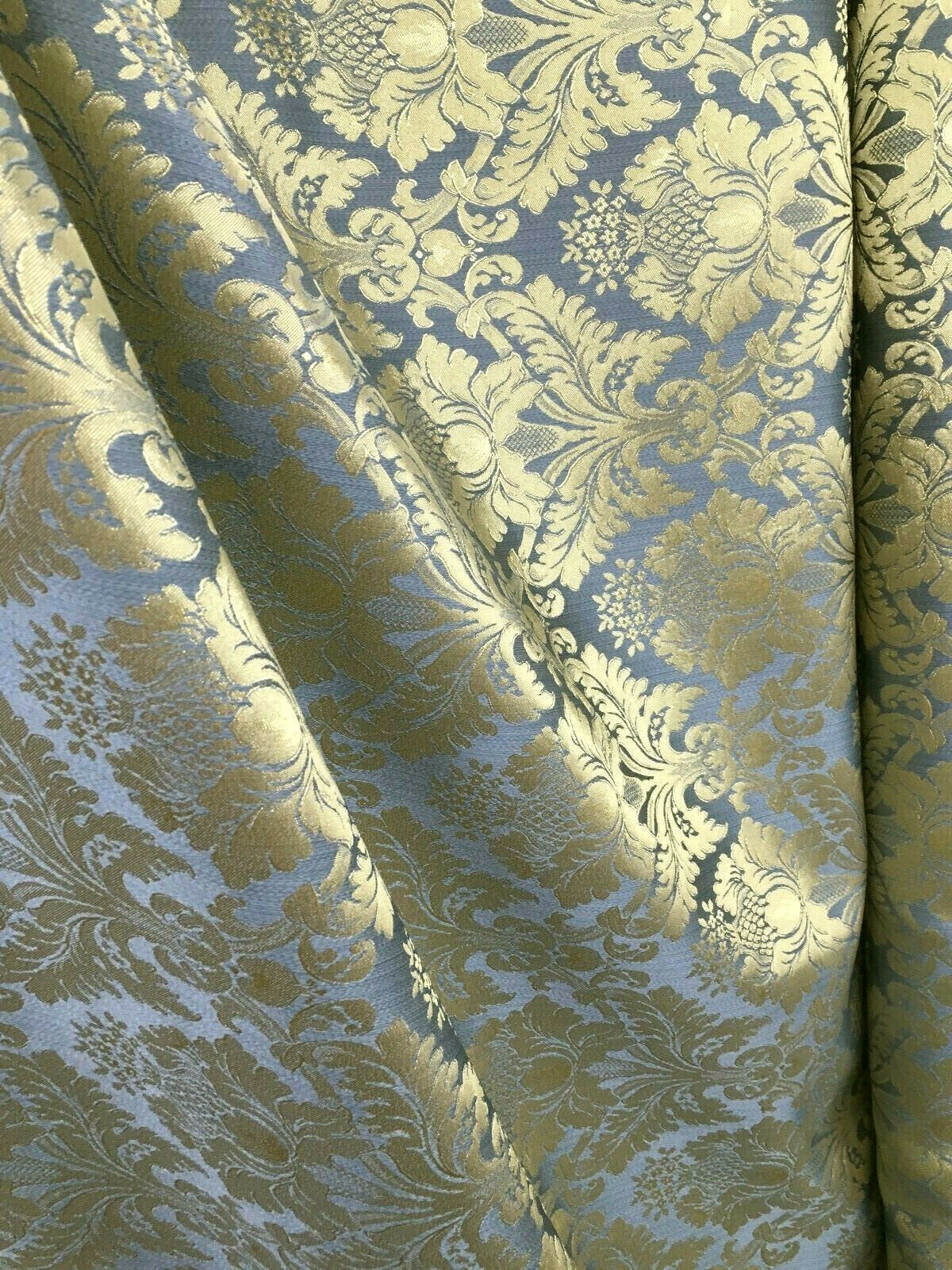 BLUE GOLD Damask Jacquard Brocade Flower Floral Fabric (110 in.) Sold By The Yard