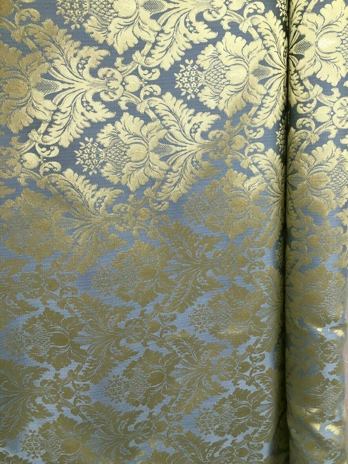 BLUE GOLD Damask Jacquard Brocade Flower Floral Fabric (110 in.) Sold By The Yard