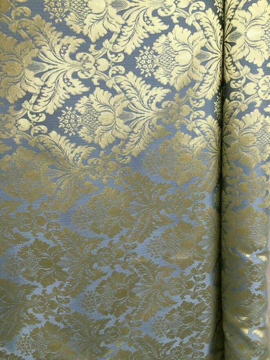 BLUE GOLD Damask Jacquard Brocade Flower Floral Fabric (110 in.) Sold By The Yard