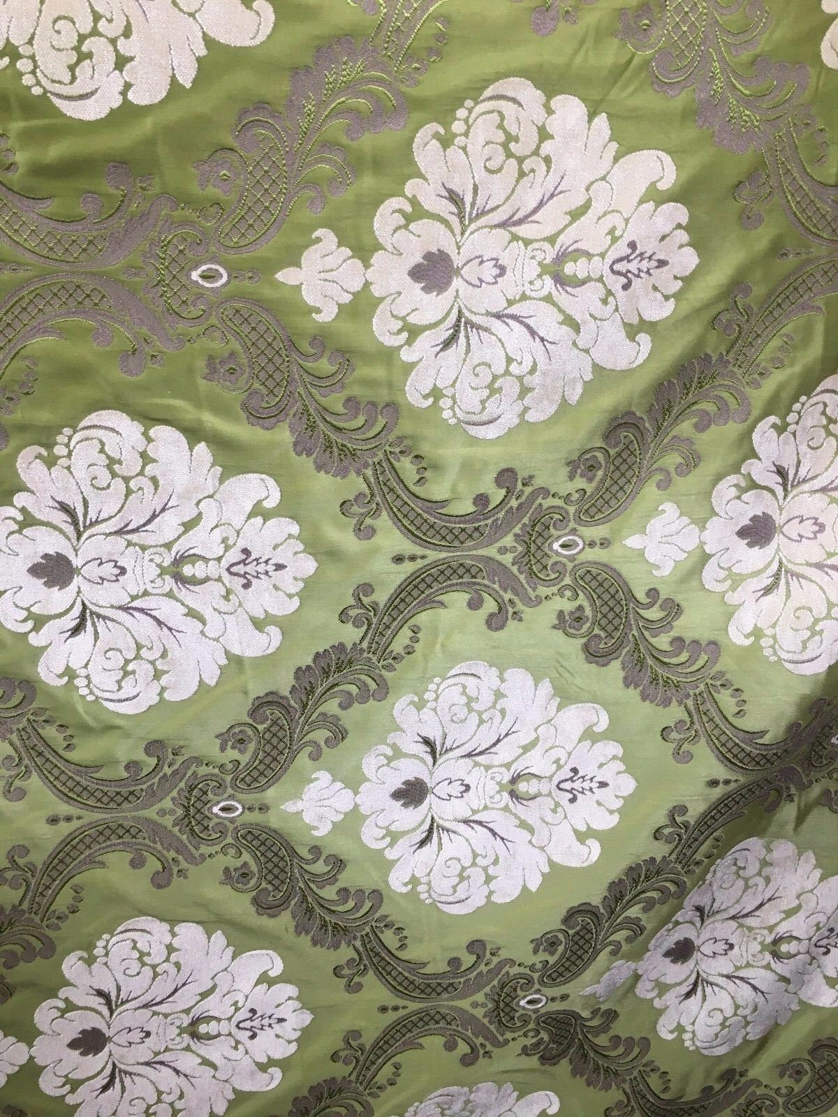 APPLE GREEN IVORY Damask Chenille Upholstery Brocade Fabric (54 in.) Sold By The Yard