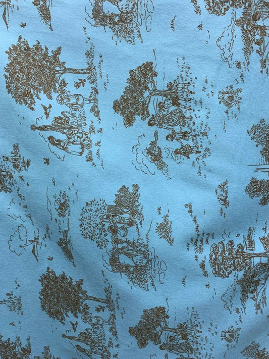 LIGHT BLUE BROWN French Toile Print Cotton Flannel Fabric (45 in.) Sold By The Yard